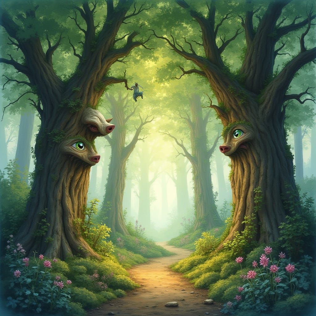 Whimsical Forest Scene in Soft Pastel Watercolors