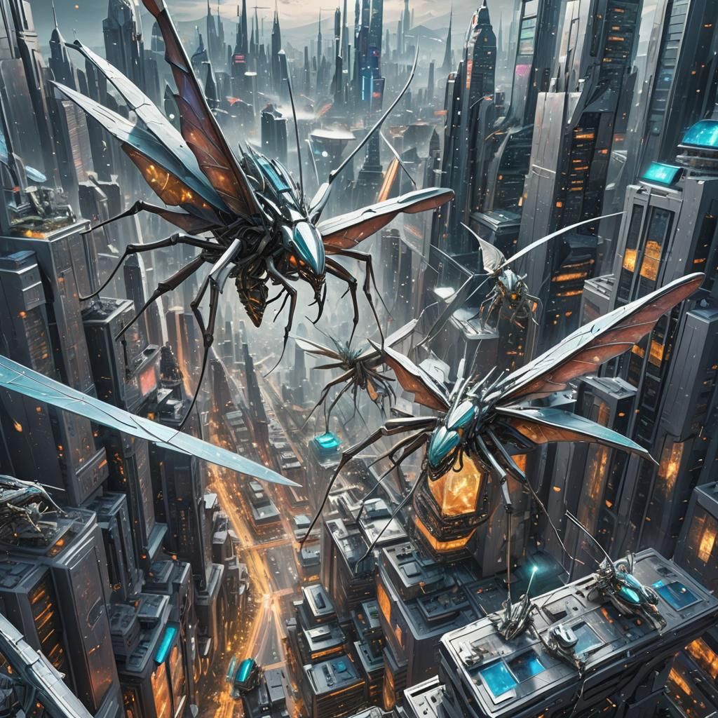 Giant Mantis Attack on Futuristic City, Holographic Illustra...