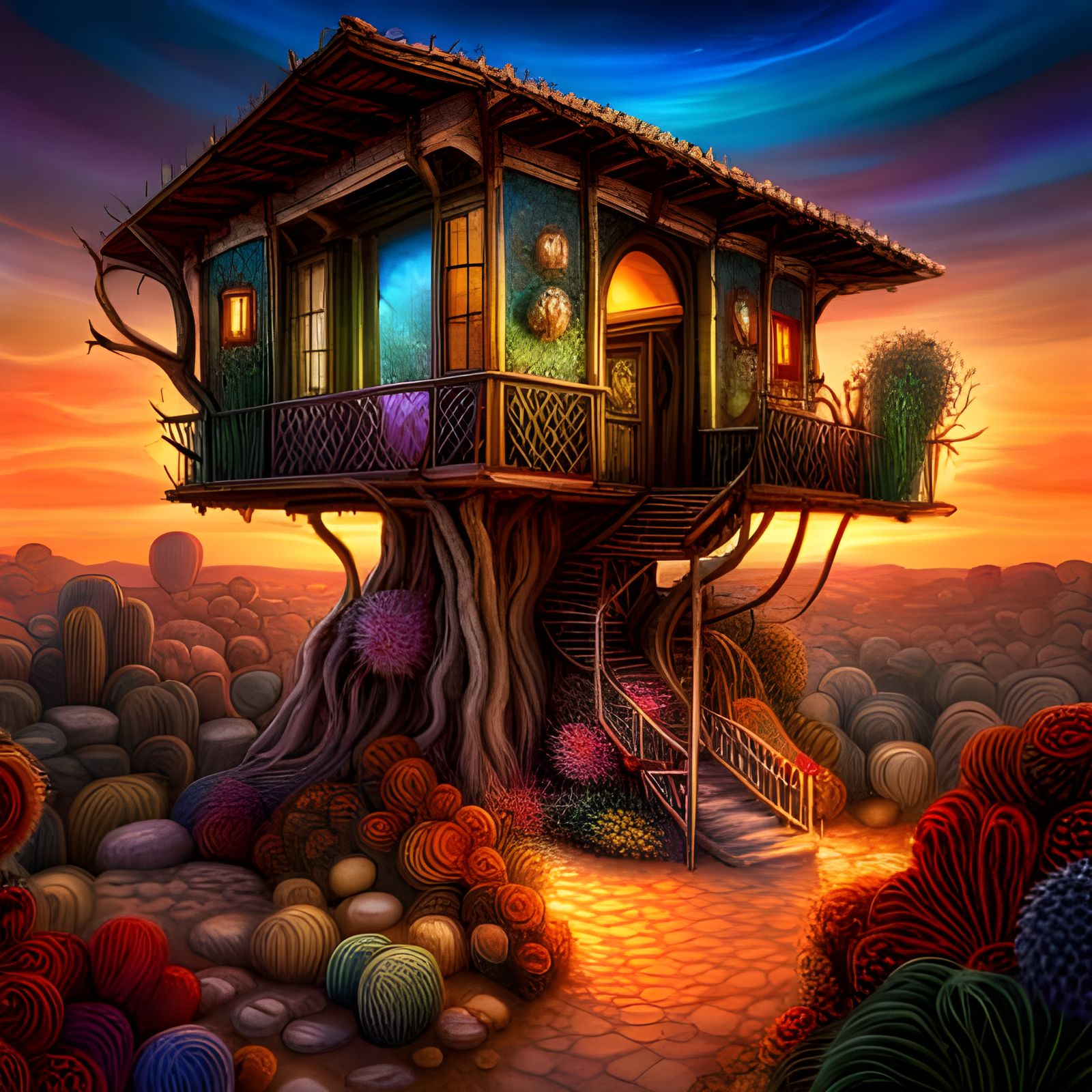 Enchanted Desert Scene: Cactus Treehouse in 8K