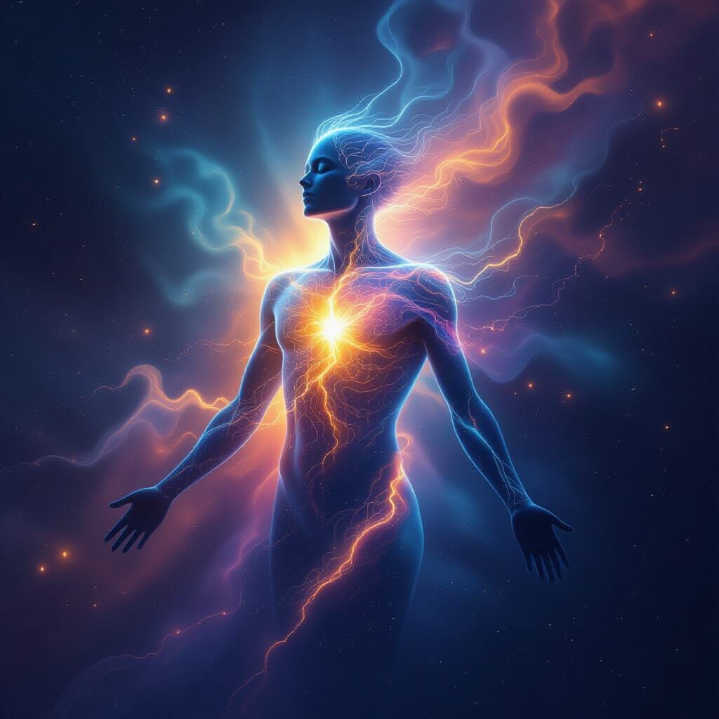 Ethereal Silhouette Dissolving into Cosmic Nebula