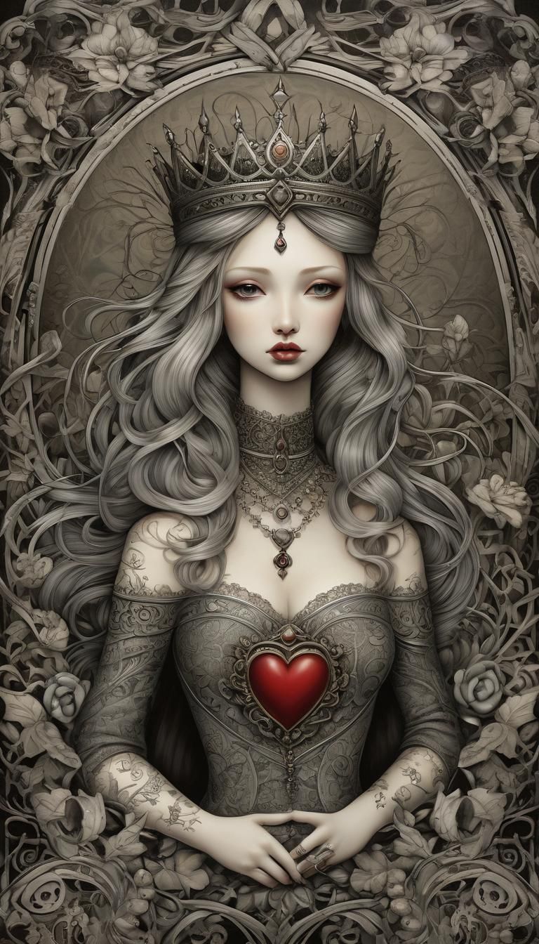 Regal Queen with Broken Heart in Etching Style