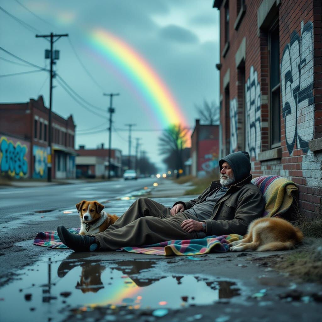 Desolate Cityscape: Homeless Man and Rainbow Reflections