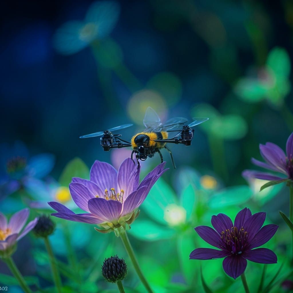 Tiny Bee Drone Amidst Glowing Nocturnal Flowers