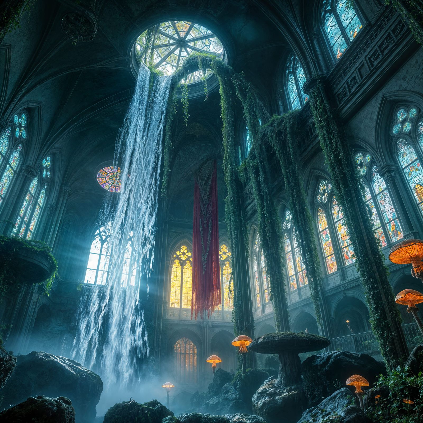 Cathedral Waterfall: Dreamlike Ghibli-Inspired Scene