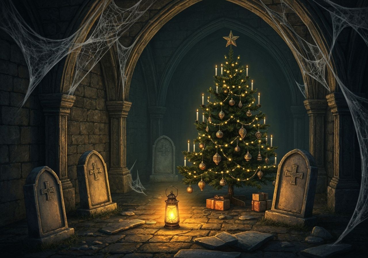 Haunting Christmas Crypt Scene with Fairy Lights