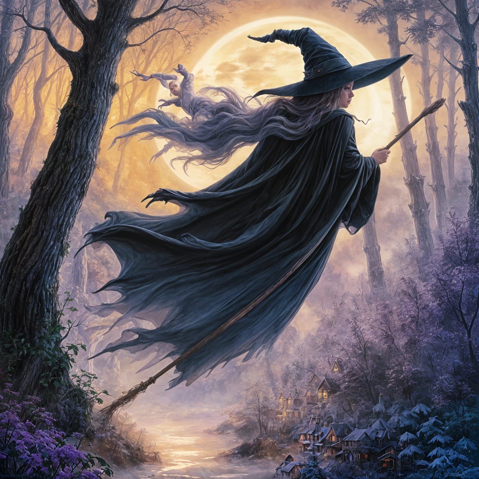 Ethereal Witch on Broomstick in Fantasy Landscape