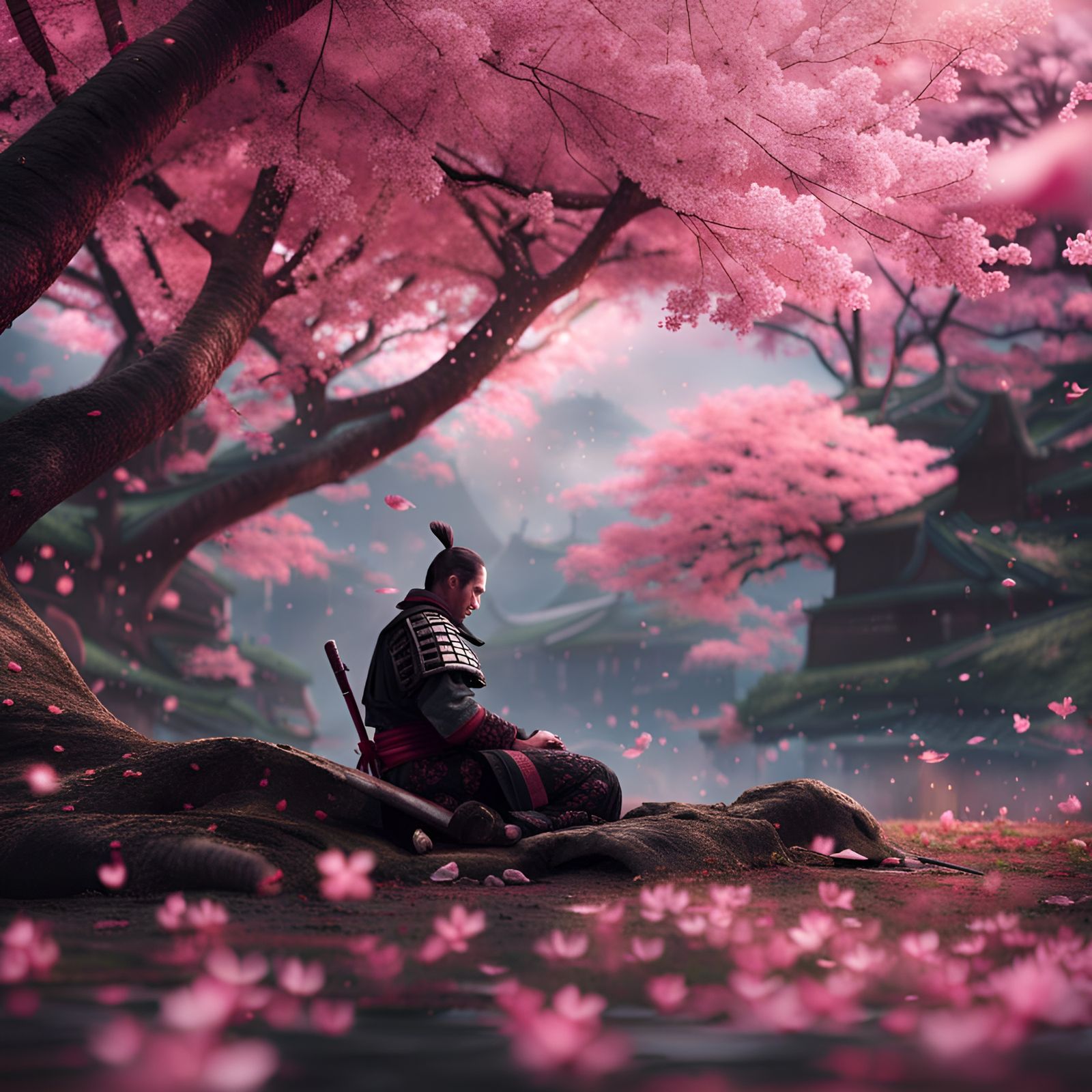Samurai Resting Under Sakura Trees: Digital Matte Painting