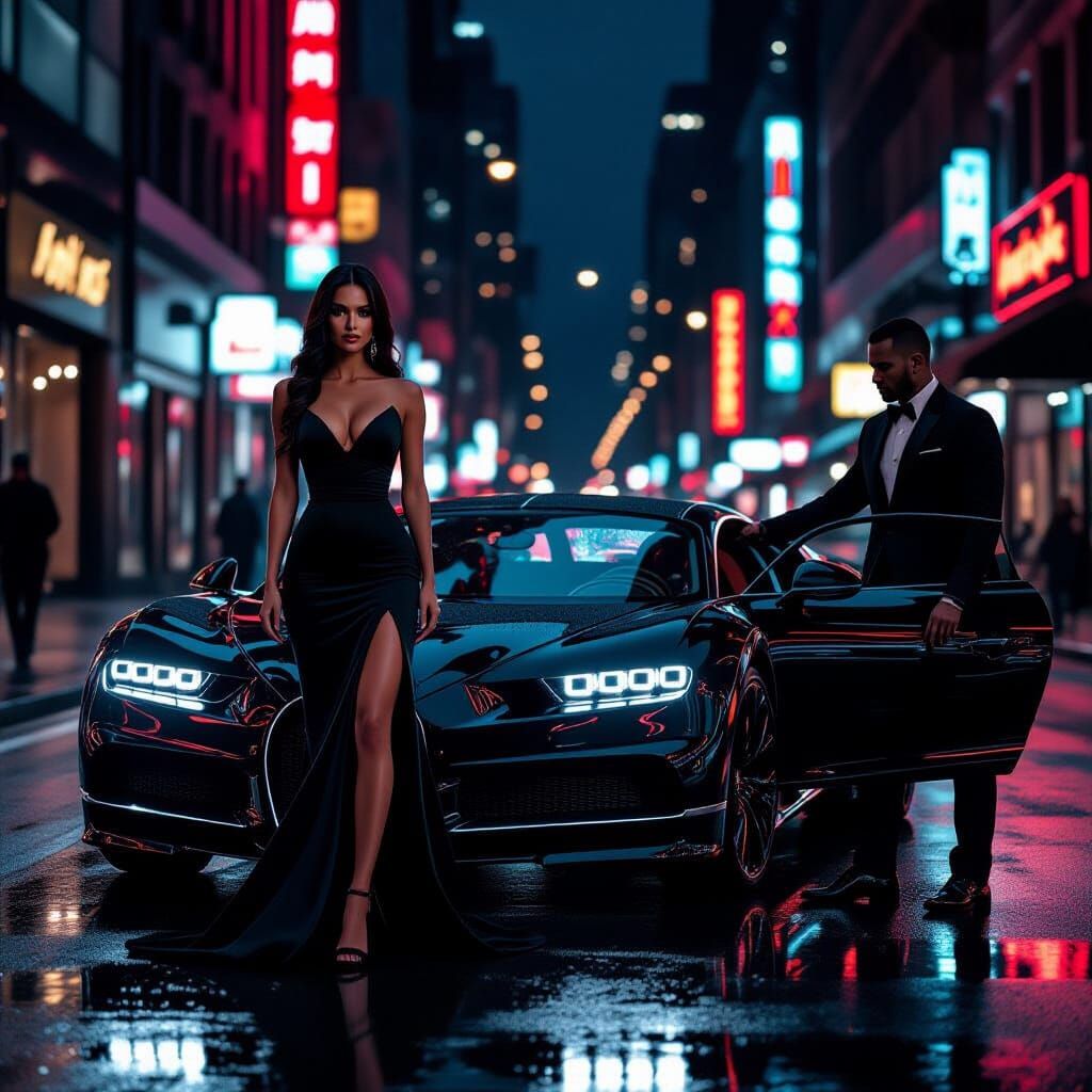 Elegant Woman Enters Bugatti in Neon-Lit Cityscape