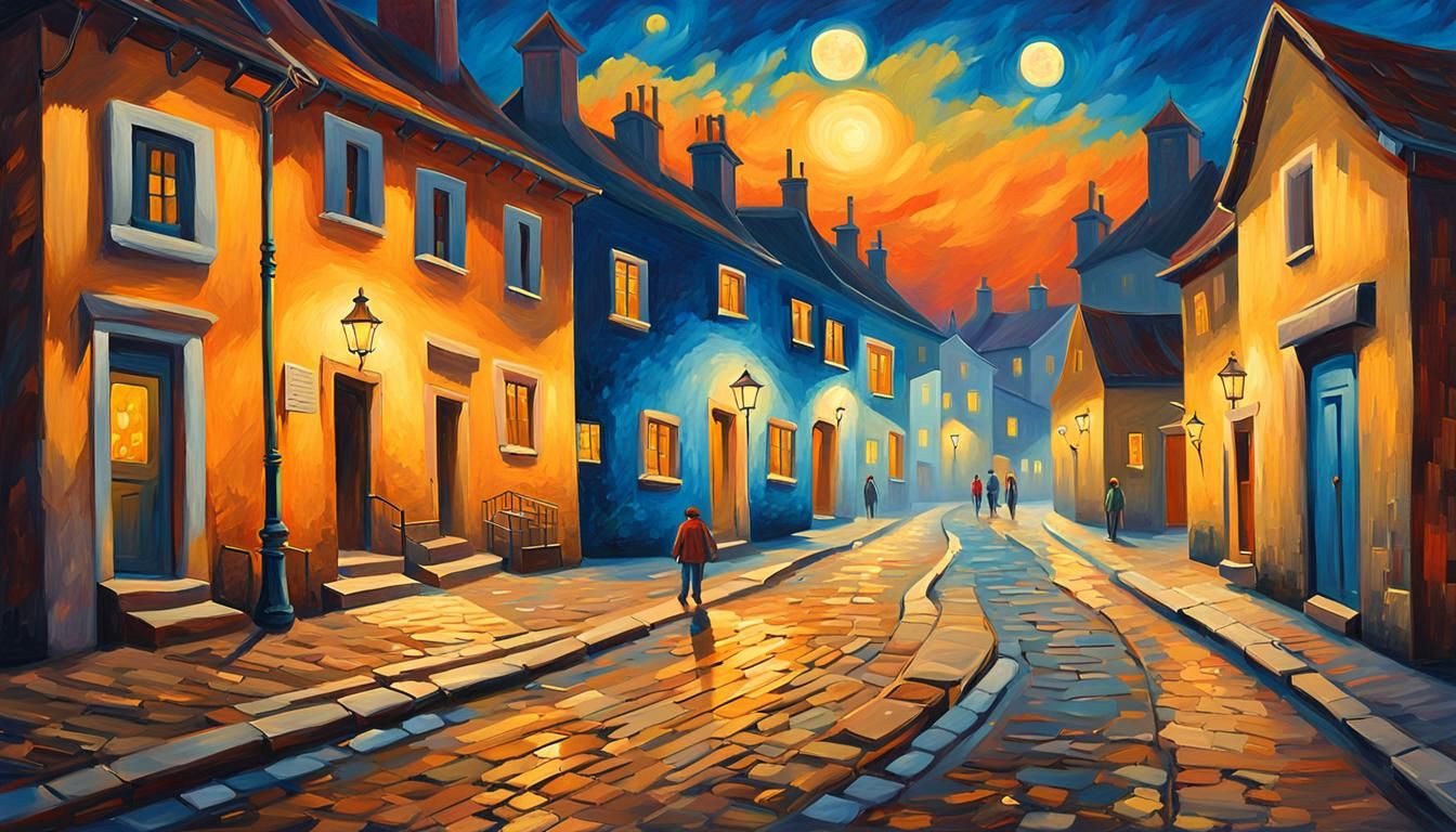 Night Village Street in Impressionistic Style