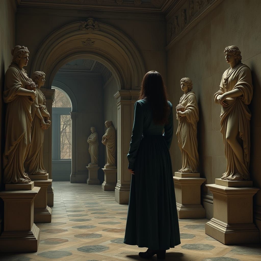 Woman in Elegant Coat Surrounded by Marble Statues in a Muse...