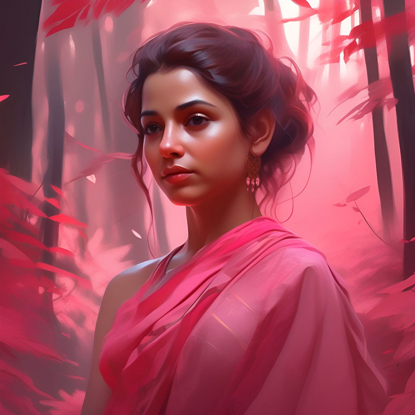Girl in Saree Walking Through Forest: Concept Art