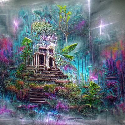 Cosmic Jungle Temple: Pablo Amaringo Style Illustration