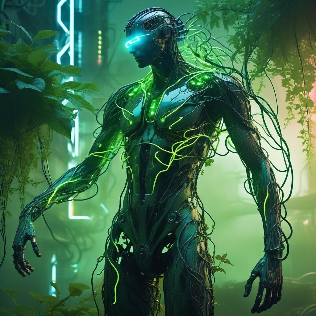 Cyberpunk Creature Intertwined with Nature and Technology