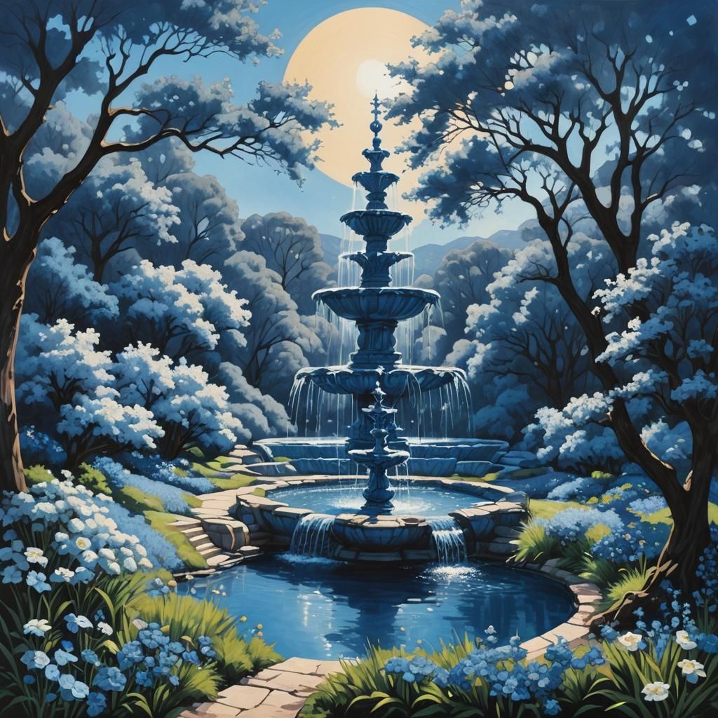 Monochromatic Blue Fountain in a Blue Landscape