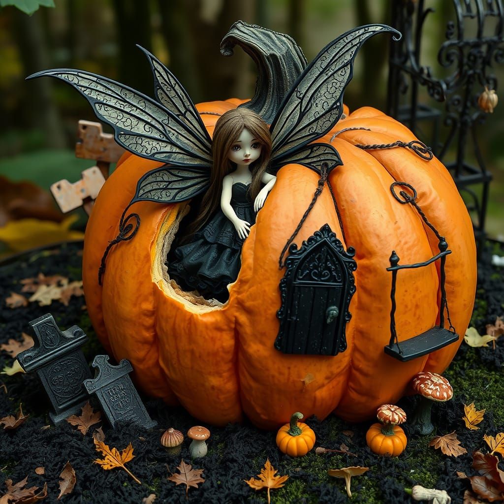 Gothic Pumpkin Fairy in Dark Fantasy Scene