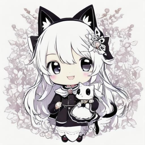 Chibi Cat Coloring Book Page in Line Art