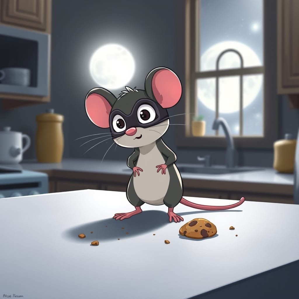 Moonlit Mouse: A Cartoon Illustration of Kitchen Panic
