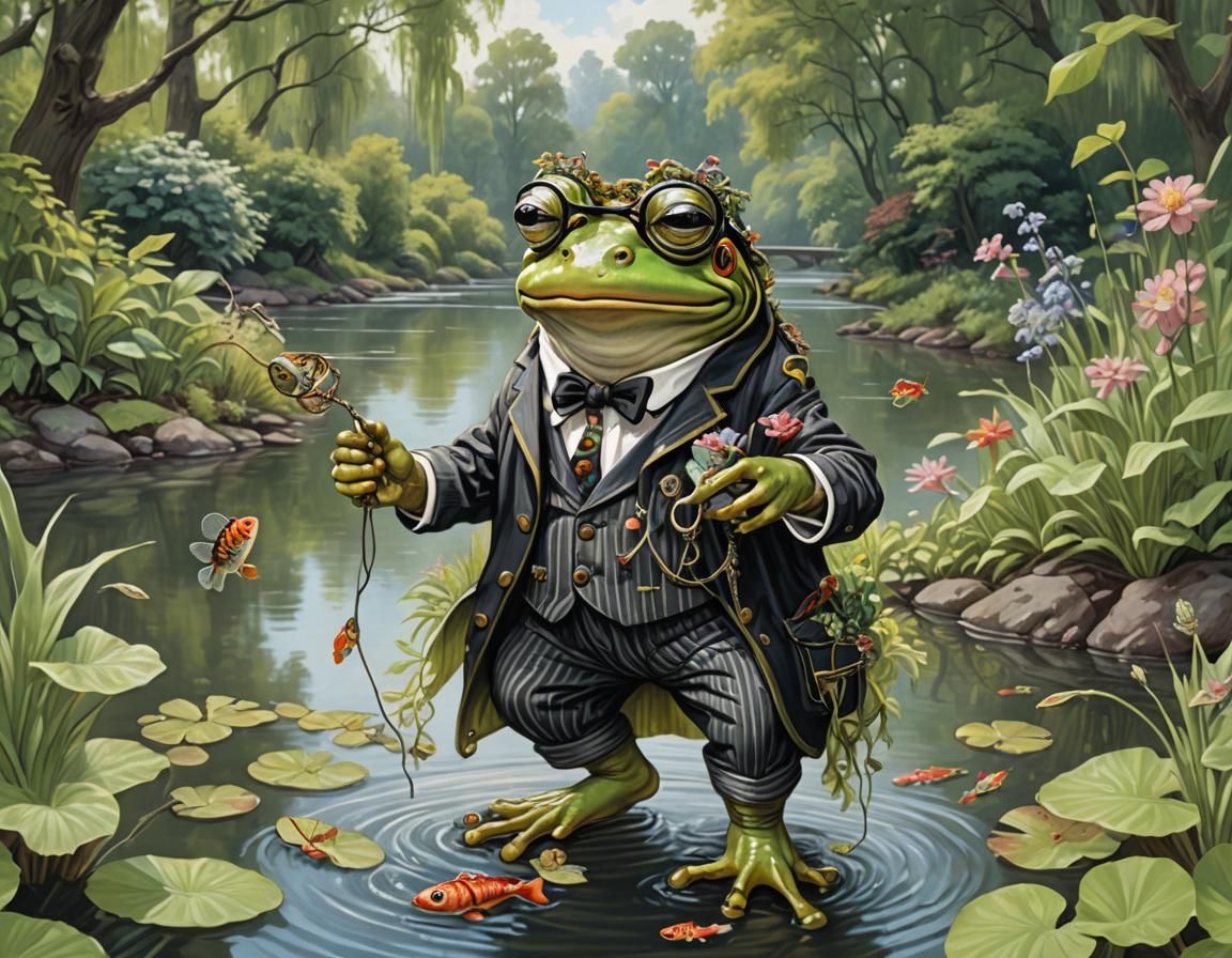 Fantastical Frog Fisherman in a Scenic Garden