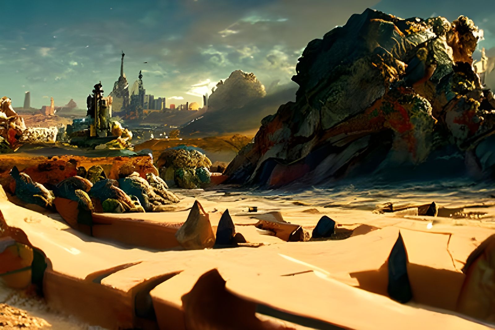 Utopian Sandcastle Landscape in Oil Painting Style