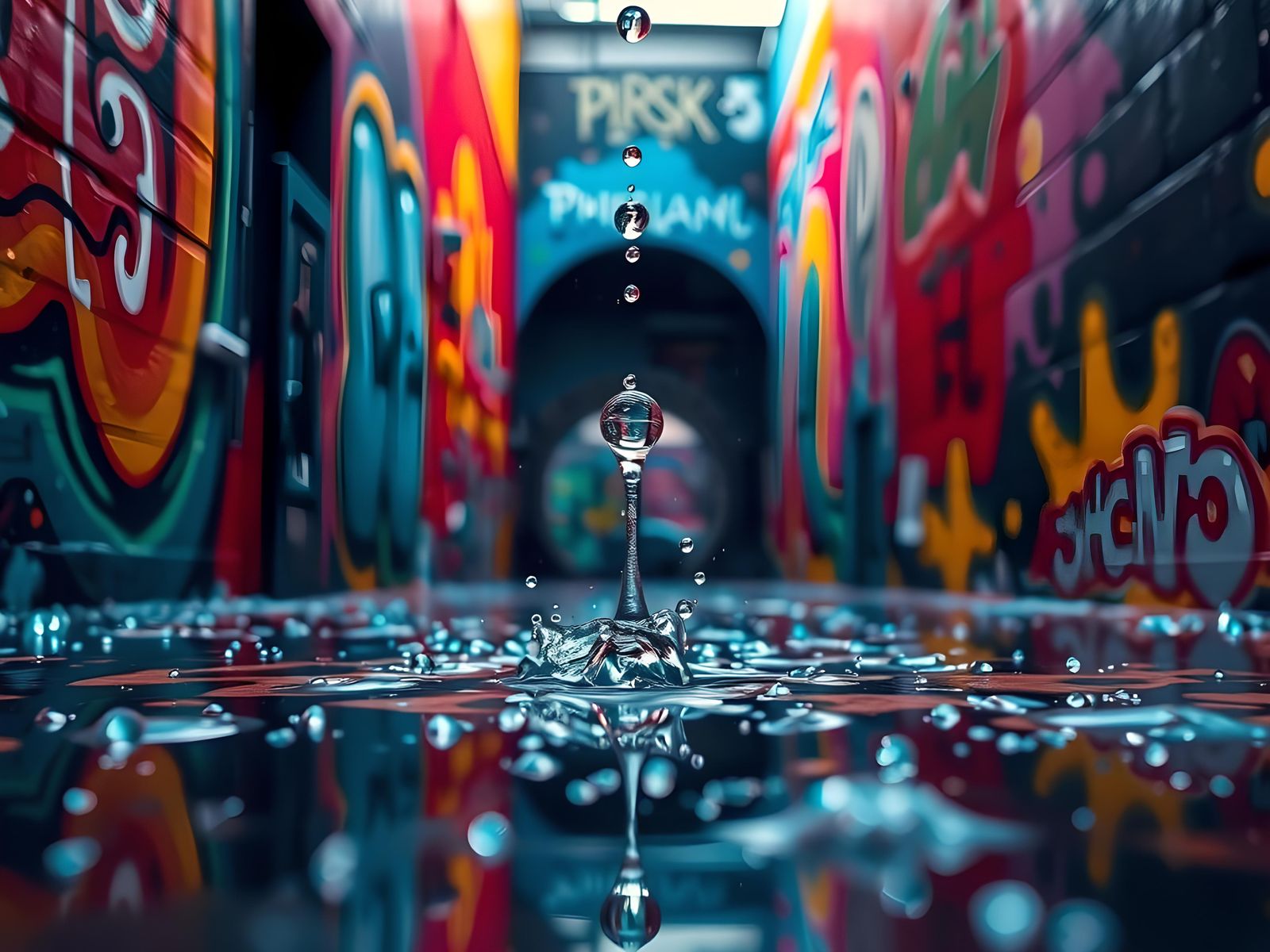 Surreal Raindrop Collision in Street Art Style