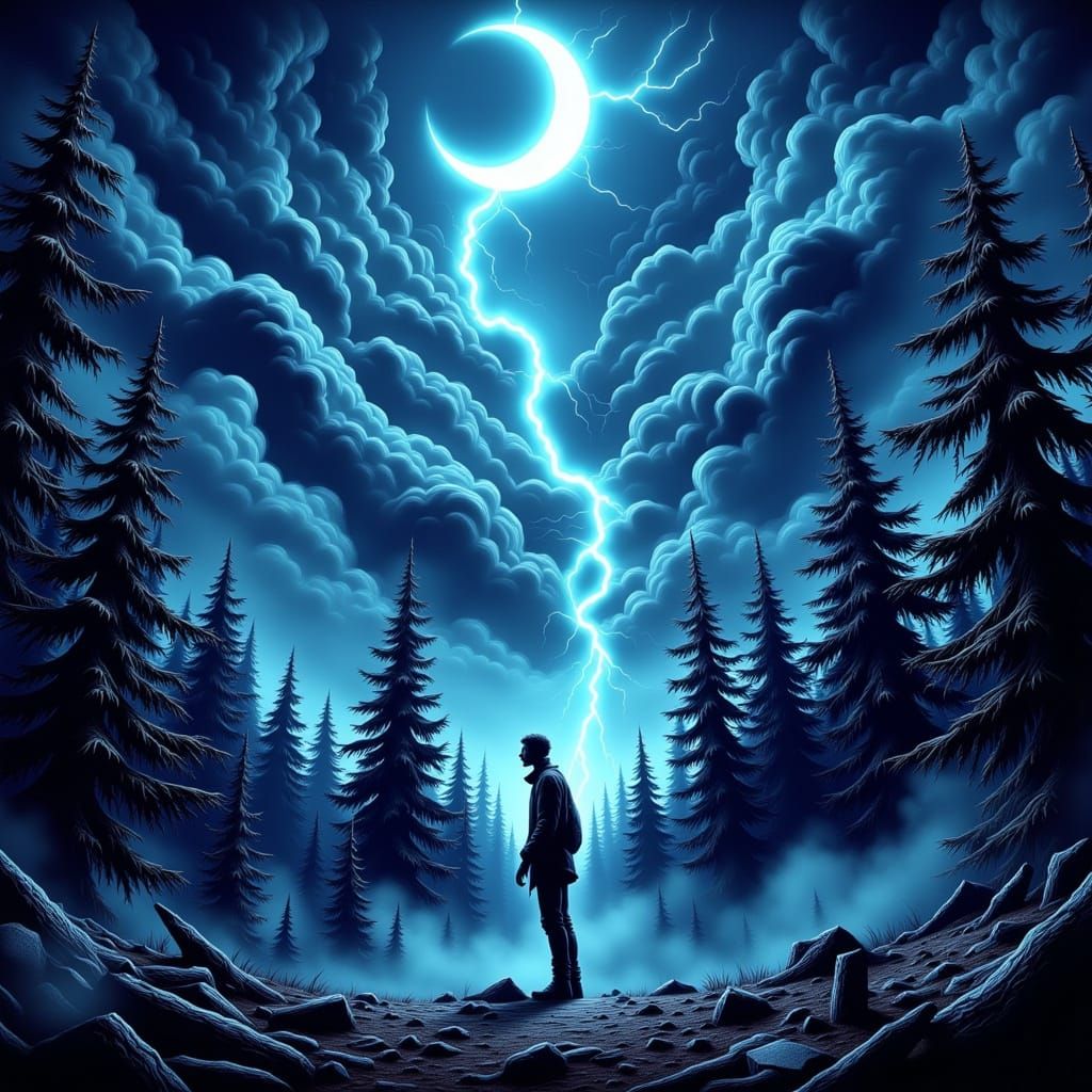 Mark Knopfler in Neon Forest Under Stormy Sky