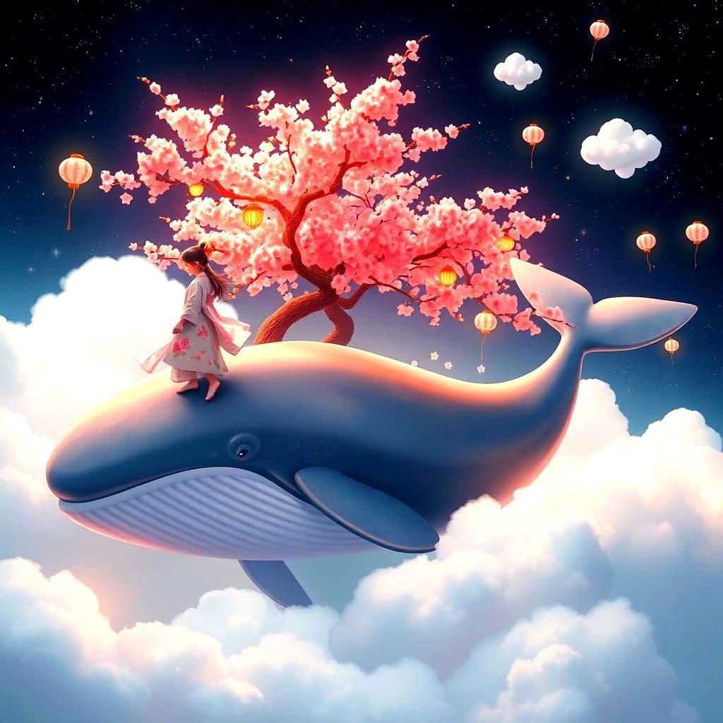 Surreal Cherry Blossom Whale Fantasy, Watercolor Dreamscapes