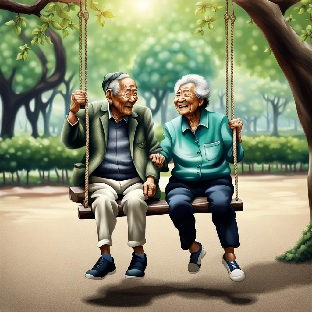 Elderly Couple Enjoying Swing in Blossom Tree