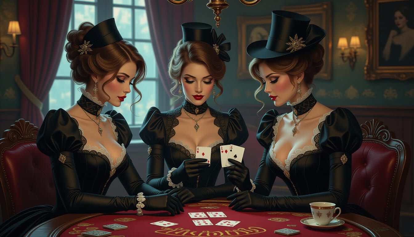 Victorian Women Play Cards in Moody, Dimly Lit Room