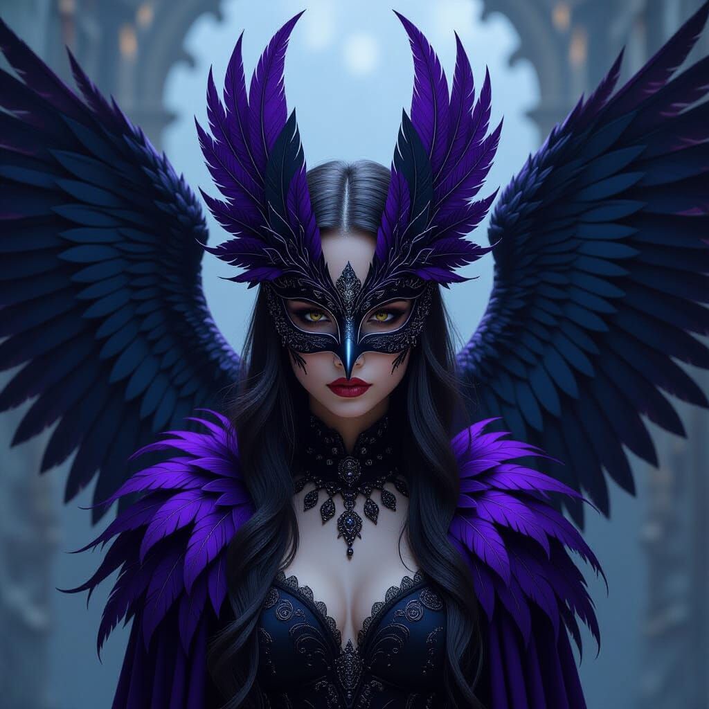 Girl in Purple and Black Crow Mask with Feathered Wings