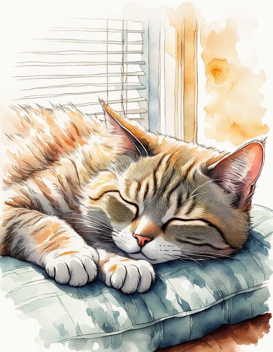 Dreamy Watercolor Cat Sleeping in Sunlight