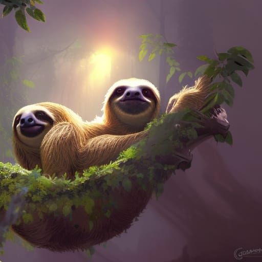 Cute Sloths in Hyperdetailed Green Forest, Art Nouveau