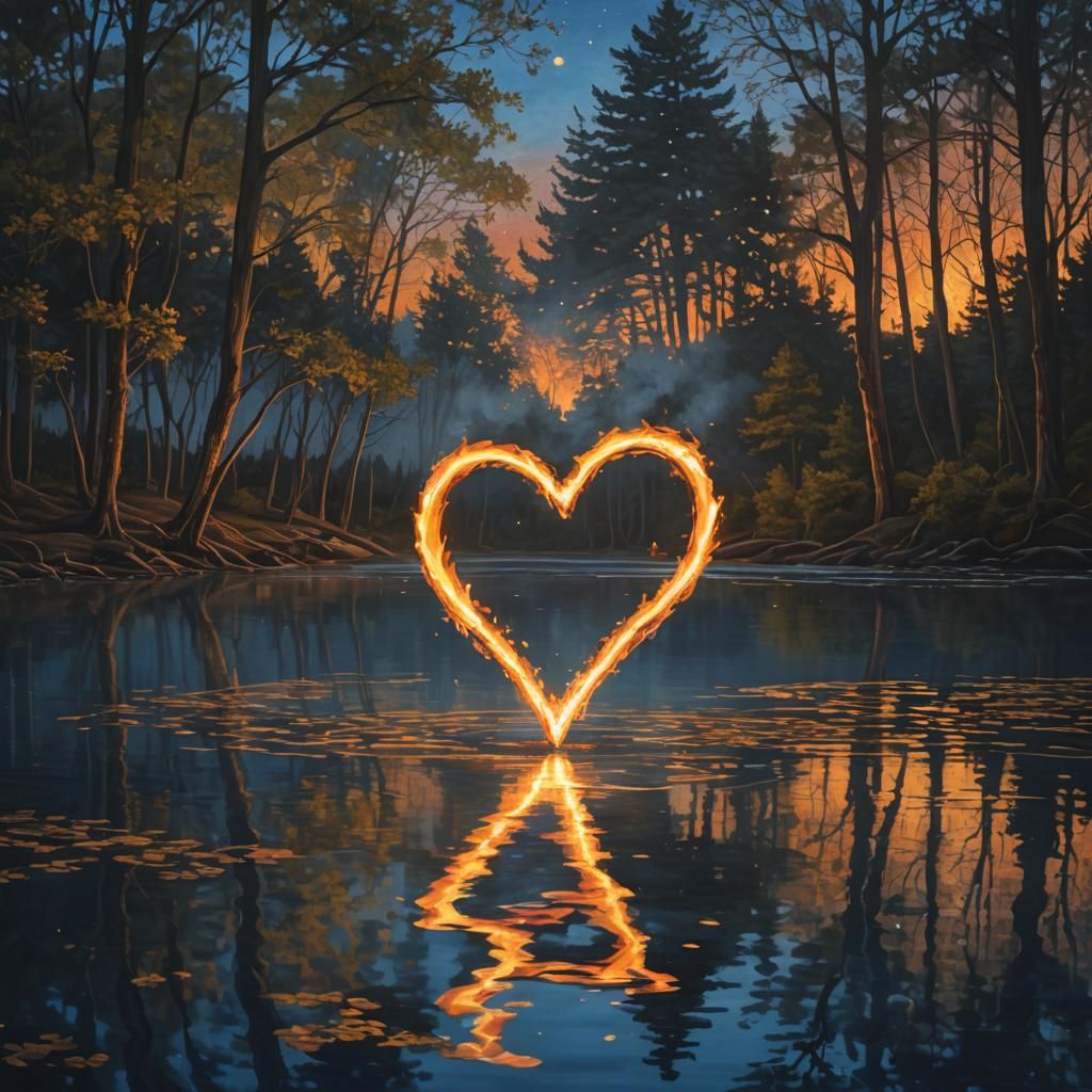 Heart-Shaped Fire Frame Over Water at Night