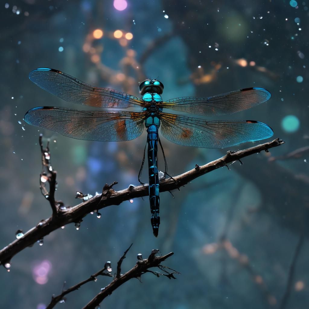Iridescent Dragonfly on Branch in Organic Punk Style