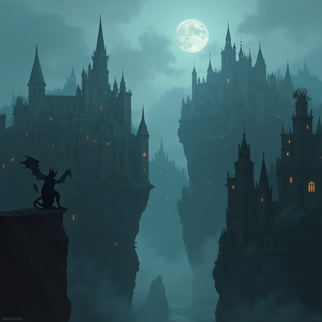 Gothic Cityscape on Floating Rocks in Perpetual Twilight