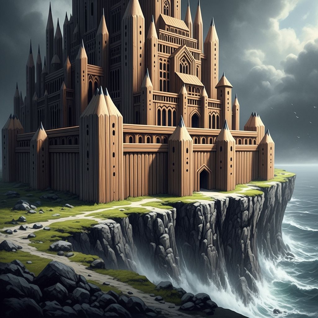 Colossal Pencil Castle on Stormy Sea Cliff Edge
