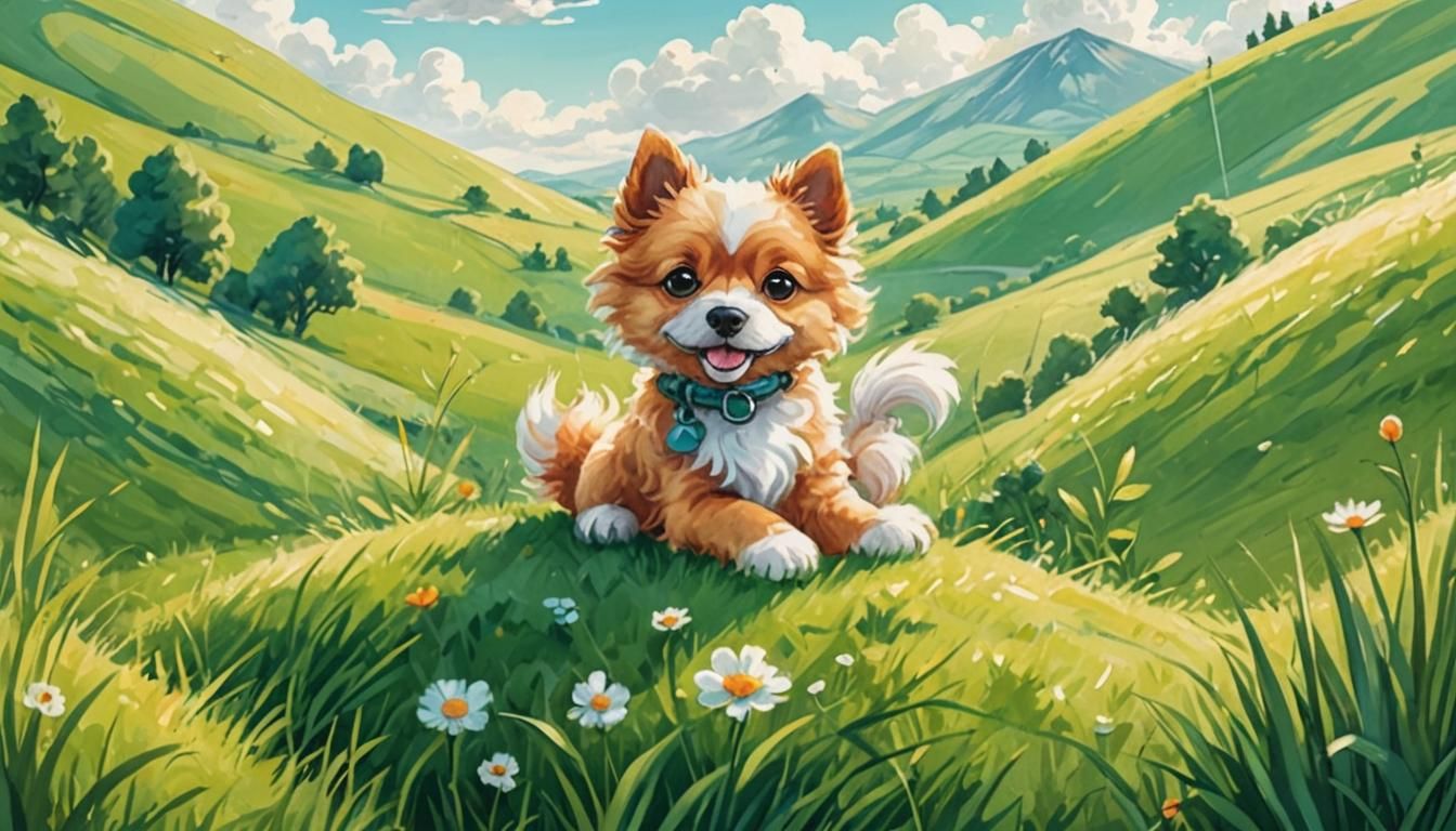 Adorable Little Dog on Hill in Children's Book Style