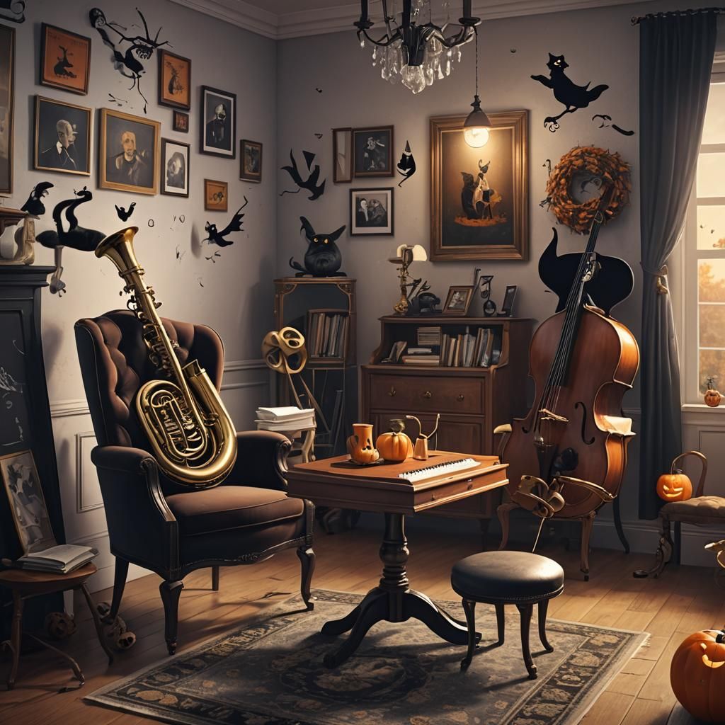Halloween Jazz Music Room with Cat: 3D Render