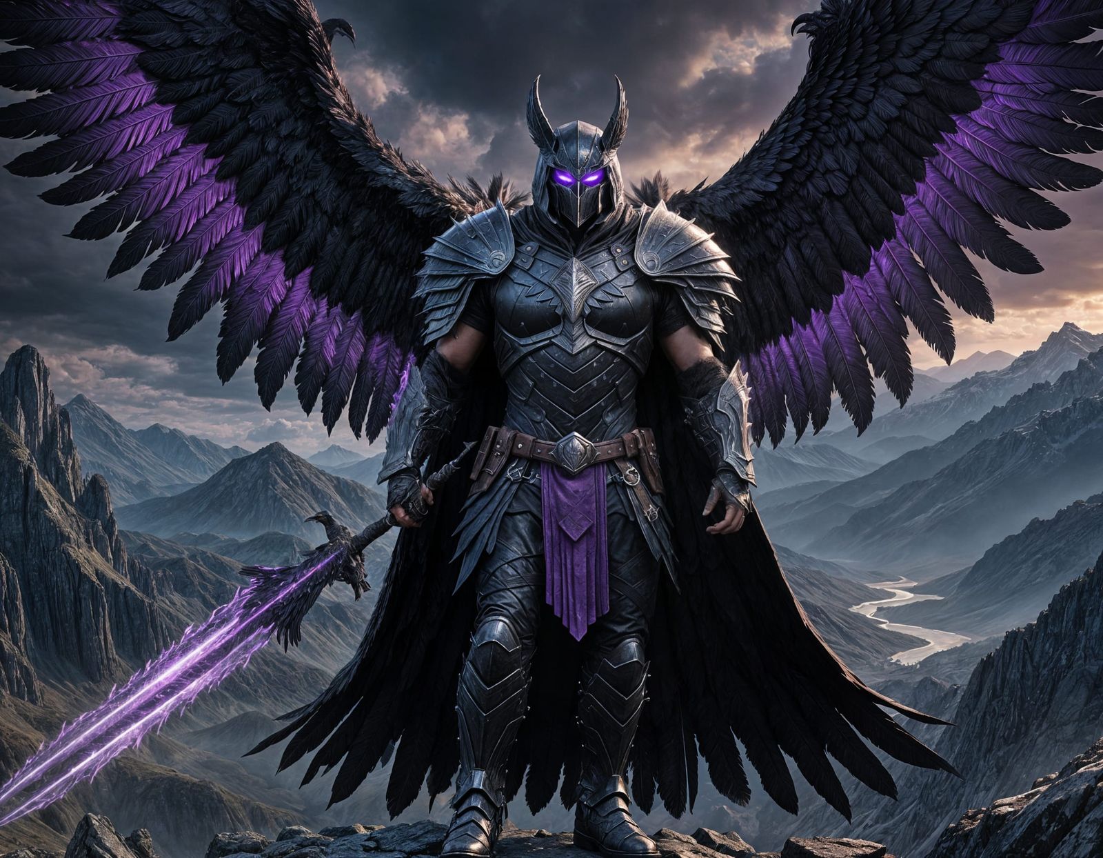 Winged Warrior on Mountain Top in Dark Fantasy Style