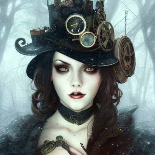 Steampunk Vampire in Eerie Winter Forest