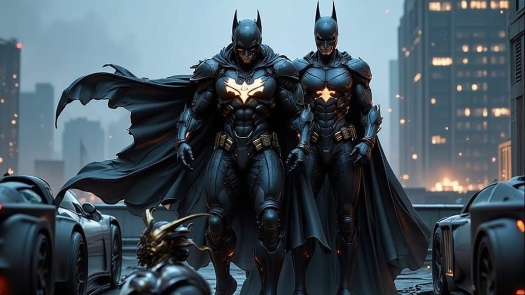 Cyborg Batman Stands Heroically on Rooftop Gotham City