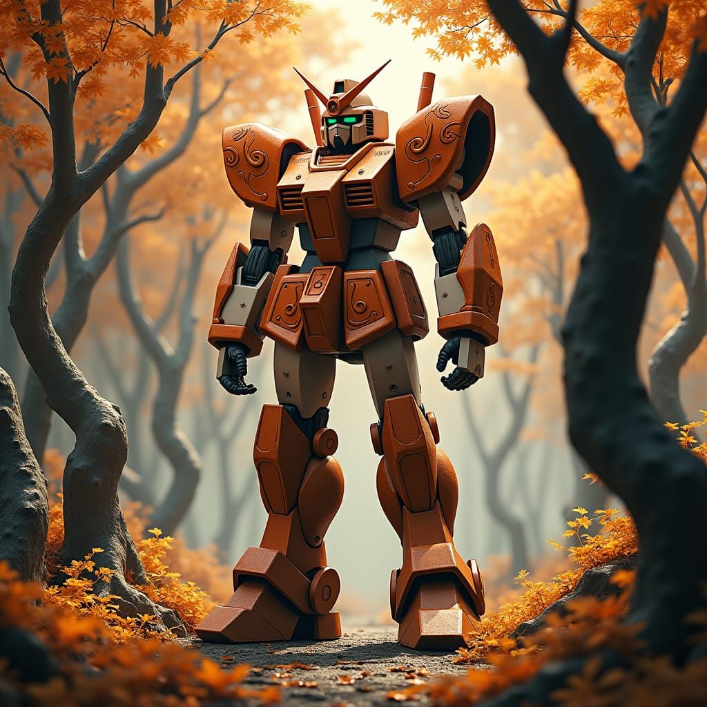 Autumnal Gundam Robot in Mystical Forest