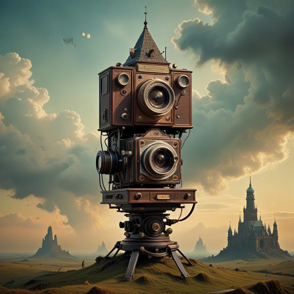 Surreal Camera Tower Inspired by Beksiński's Haunting Vision...