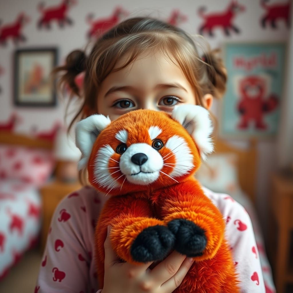Cute Plush Red Panda with Girl, Professional Portrait