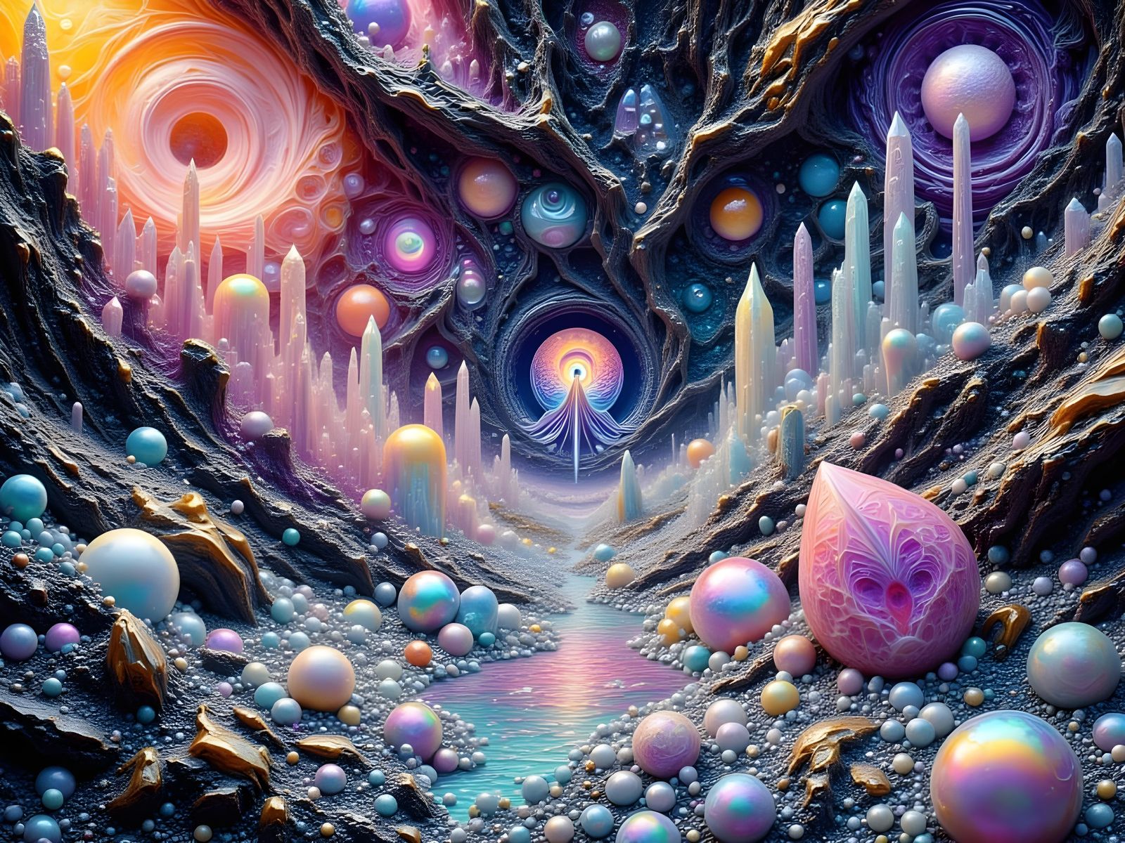 Iridescent Crystal Collage With Bubbles and Gemstones