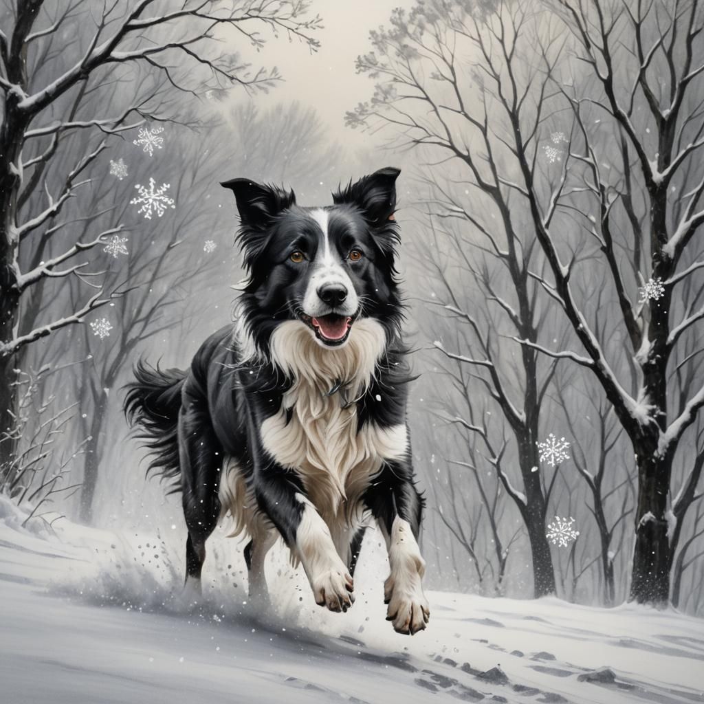 Border Collie in Winter: Charcoal Drawing