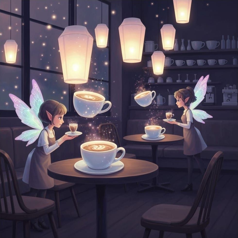 Enchanted Floating Coffee Cup Cafe With Sprite Baristas