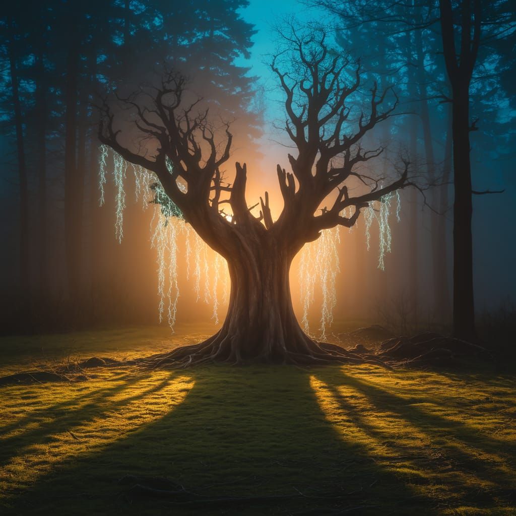 Enchanted Forest at Twilight with Ancient Tree