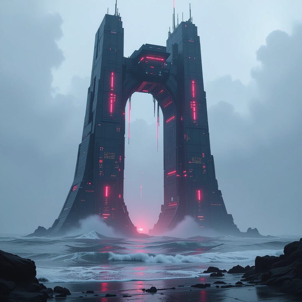 Cyberpunk Archology Rises from Stormy Ocean