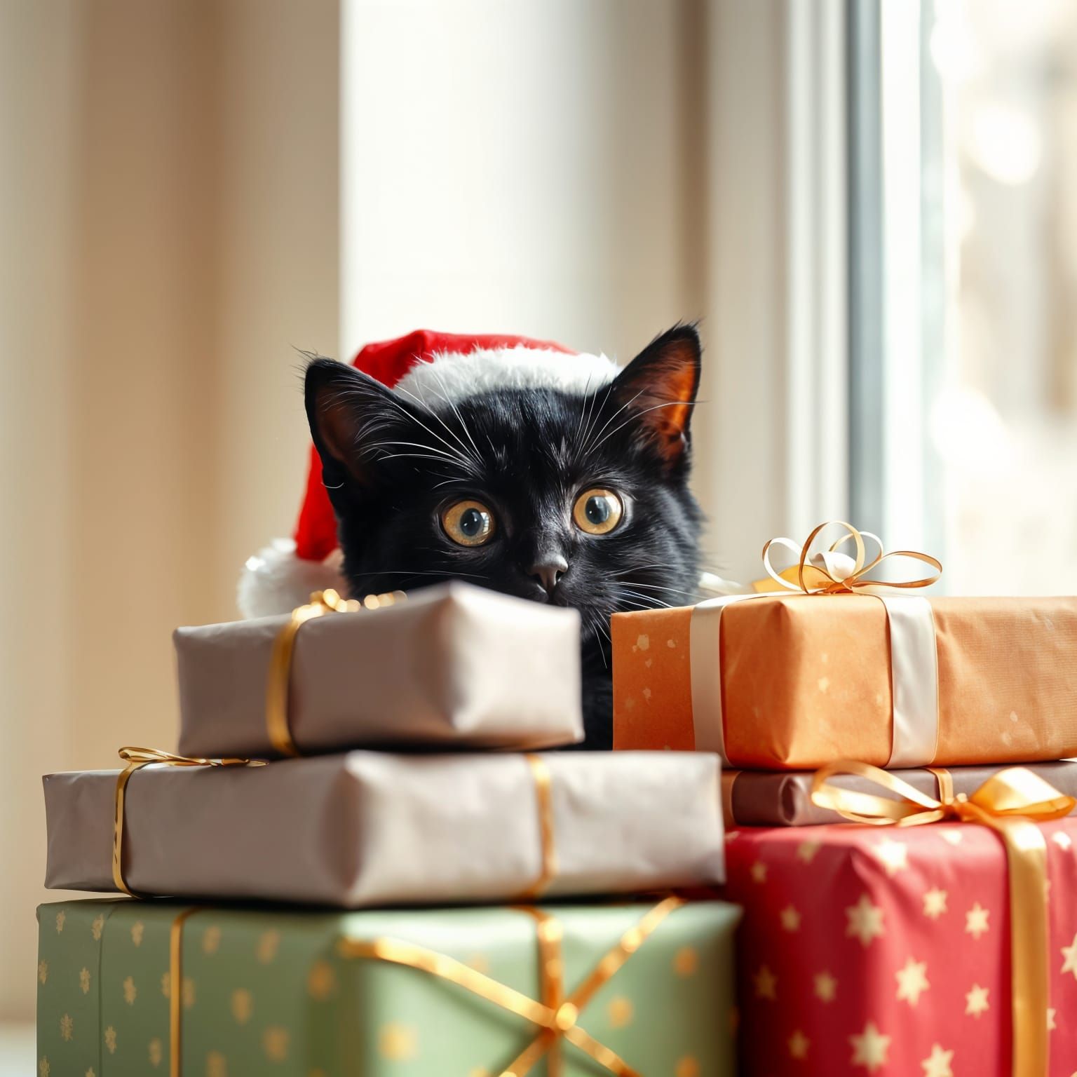 Cute Black Cat Peeking from Christmas Gifts