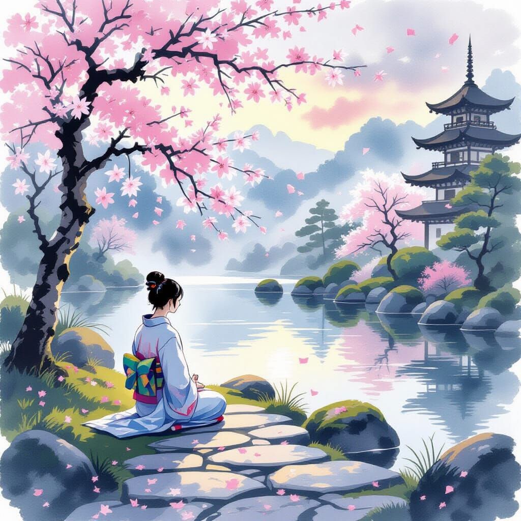 Tranquil Japanese Garden at Twilight with Falling Blossoms